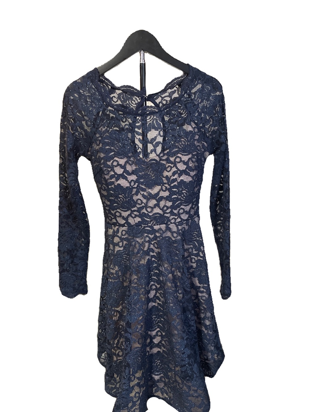 Women's/Junior My Michelle Navy Lace Long-Sleeve Fit & Flare Sparkly Party Dress